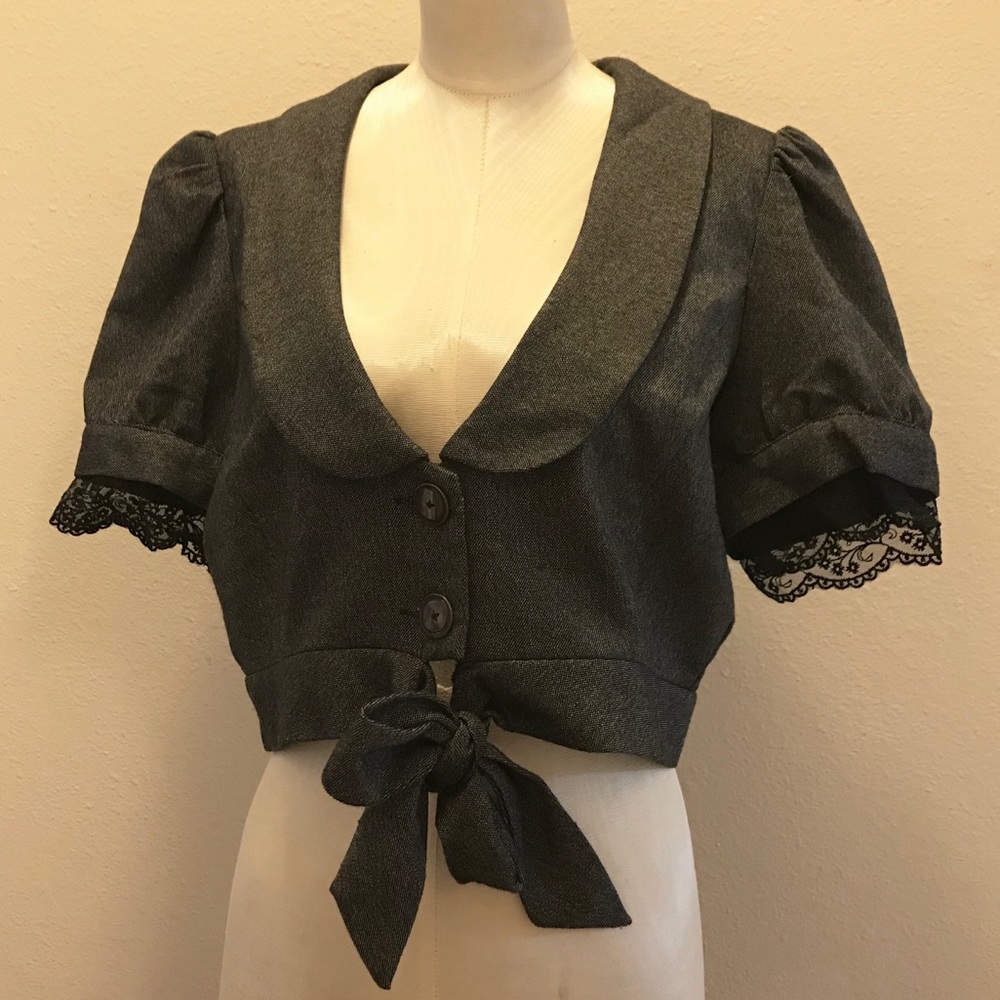 Cropped Menswear Jacket with Tie & Lace Detail